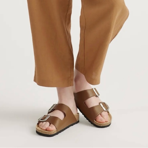 QUINCE Nappa Leather Double Buckle Slide Sandal | Brown‎ | Size 9 - Picture 1 of 10